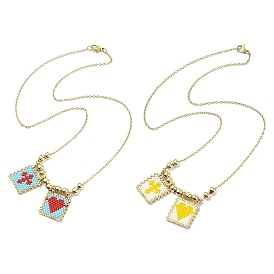 Rectangle avec croix et coeur collier pendentif en perles de rocaille de verre, or 304 bijoux en acier inoxydable pour femmes