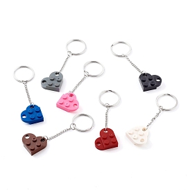 Resin Building Blocks Keychain, with 304 Stainless Steel Split Key Rings, Heart, Stainless Steel Color