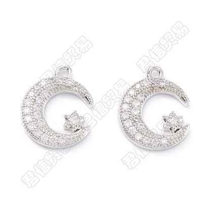 10Pcs Brass Micro Pave Clear Cubic Zirconia Charms, Long-Lasting Plated, Moon & Star, Rack Plating