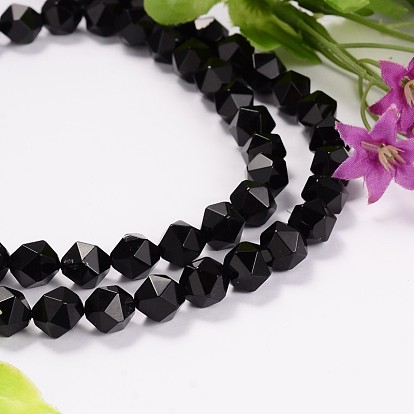 Faceted Natural Black Onyx Gemstone Bead Strands, Dyed, Star Cut Round Beads