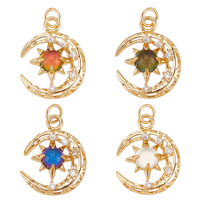 4Pcs 4 Colors Brass Micro Pave Clear Cubic Zirconia Glass Pendants, Moon, Cadmium Free & Lead Free, Mixed Color