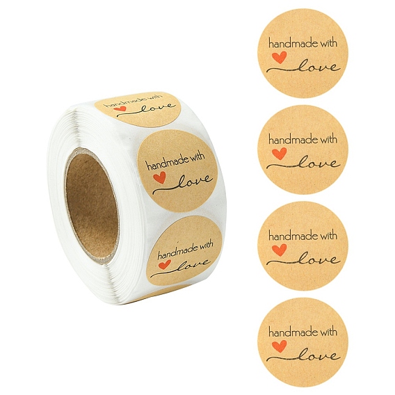 1 Inch Handmade with Love Sticker Rolls, Self-Adhesive Kraft Paper Gift Tag Stickers, Adhesive Labels, for Festival, Christmas, Holiday Presents