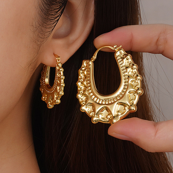 Vintage Embossed Teardrop Brass Hoop Earrings
