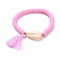 Handmade Polymer Clay Heishi Beads Stretch Bracelets, with 304 Stainless Steel Findings, Shell Beads and Cotton Tassel Pendants