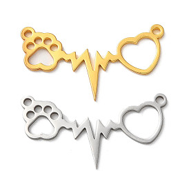 201 Stainless Steel Pendants, Laser Cut, Heartbeat with Cat Paw Print & Heart Charm