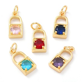 Real 18K Gold Plated Brass Micro Pave Cubic Zirconia Charms, with Jump Ring, Long-Lasting Plated, Lock
