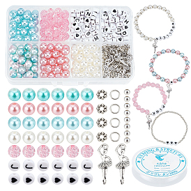 PandaHall Elite DIY Imitation Pearl Bracelet Making Kits, Including Round & Letter Acrylic Beads, Alloy Baller Dancer Pendants