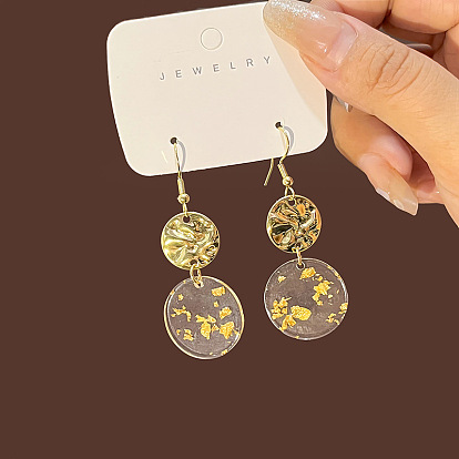 Vintage Chinese Style Long Earrings with Gold Foil Acrylic Discs and Irregular Metal Pendants