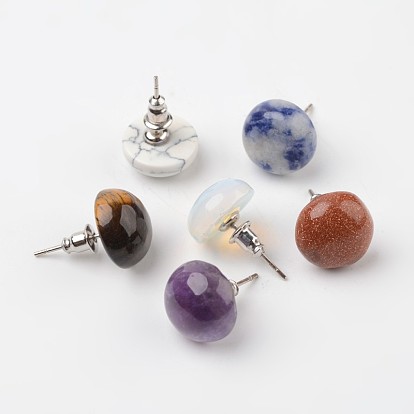 Half Round Dome Gemstone Stud Earrings, with Platinum Plated Brass Findings, 18mm, Pin: 0.8mm