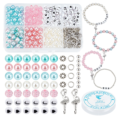 DIY Imitation Pearl Bracelet Making Kits, Including Round & Letter Acrylic Beads, Alloy Baller Dancer Pendants