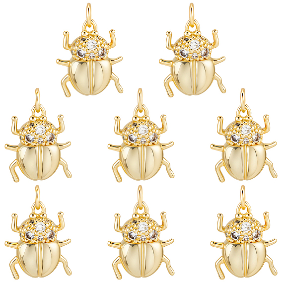 8Pcs Brass Micro Pave Cubic Zirconia Pendants, Insect Charms, Long-Lasting Plated, Cadmium Free & Lead Free, Rack Plating, with Jump Ring
