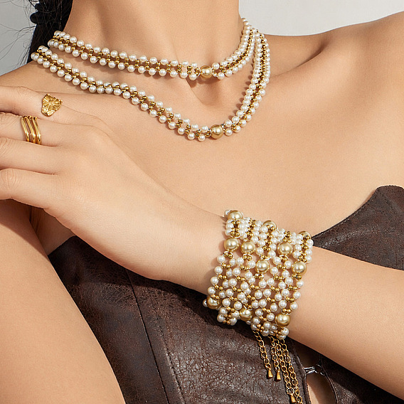White Shell Pearl 316L Surgical Stainless Steel Woven Beaded Bracelets for Women, Round