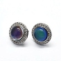 Brass Micro Pave Cubic Zirconia Stud Earrings, with Changing Color Mood Glass, Flat Round