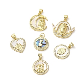 Brass Micro Pave Clear Cubic Zirconia Pendants, with Shell, Real 18K Gold Plated, Human