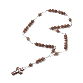 Collier de chapelet rond en bois naturel, collier pendentif croix avec chaînes en laiton pour femme