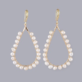 Dangle Earrings, with Natural Pearl, Brass Hoop Earring Findings and Cardboard Jewelry Set Boxes, Teardrop