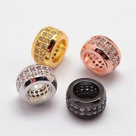 Brass Micro Pave Cubic Zirconia European Beads, Rondelle, Large Hole Beads, Lead Free & Nickel Free