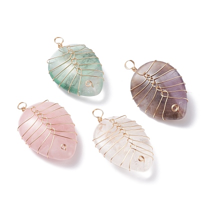 Pendentifs en pierre naturelle, avec fil de cuivre doré clair enroulé, goutte d'eau