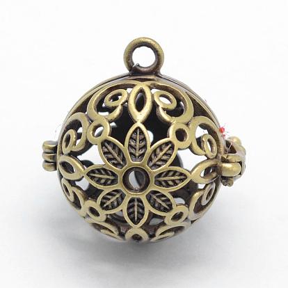 Brass Rack Plating Cage Pendants, For Chime Ball Pendant Necklaces Making, Lead Free & Cadmium Free, Round with Flower