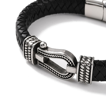 Men's Braided Black PU Leather Cord Bracelets, Horseshoe 304 Stainless Steel Link Bracelets with Magnetic Clasps