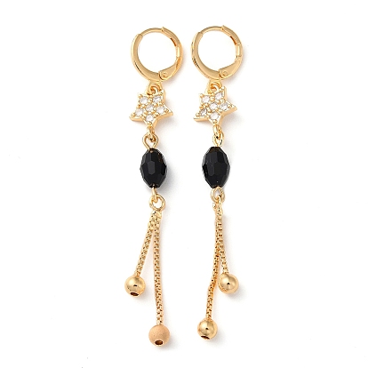 Rhinestone Star Leverback Earrings with Glass Beaded, Brass Chains Tassel Earrings for Women