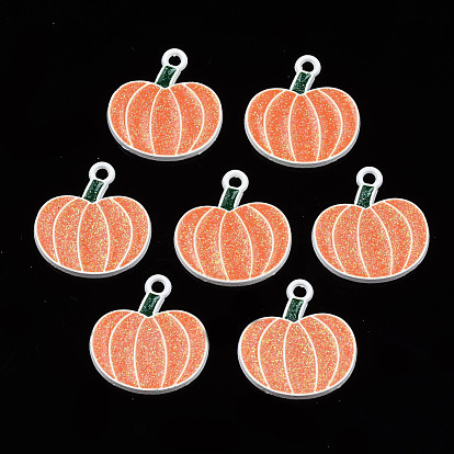 Autumn Theme Spray Painted Alloy Enamel Pendants, with Glitter Powder, Cadmium Free & Nickel Free & Lead Free, Pumpkin