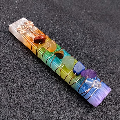 Chakra bijoux, décorations pour la maison au sélénite naturel, décorations d'affichage de pierres précieuses naturelles enveloppées de fil de laiton, rectangle
