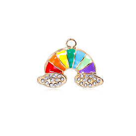 304 Stainless Steel Enamel Pendant, with Rhinestone, Rainbow with Cloud Charm