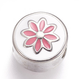 304 Stainless Steel European Beads, with Enamel, Large Hole Beads, Flat Round with Flower