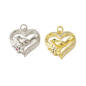 Brass Micro Pave Cubic Zirconia Bird Pendants, with Jump Ring, Heart with Magpie & Plum Blossom Charm