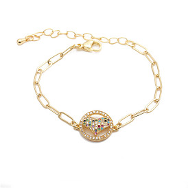 Adjustable Cuban Bracelet with Colorful Zirconia Heart Charm for Women