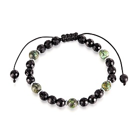 Bracelets ajustables en perles tressées rondes, ornés de pierres précieuses naturelles et d'onyx noir facetté (teint et chauffé)., couleur inox