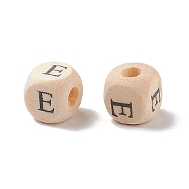 Printed Natural Wood Beads, Horizontal Hole, Cube with Initial Letter, PapayaWhip