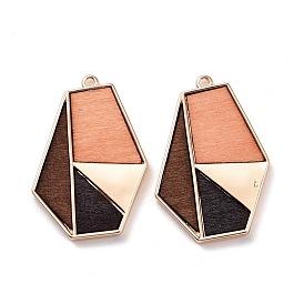 Alloy Pendants, with Dyed Wood, Irregular Hexagon with Geometric Pattern