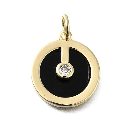 Латунные микро проложить кубического циркония подвески, с черным агатом, плоские круглые прелести, без свинца и без кадмия, стойки покрытие, долговечный, с целью перехода в кольце