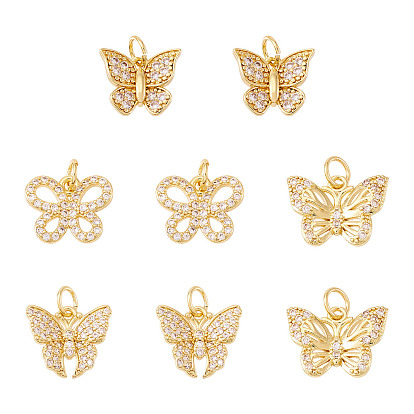 8 шт 4 стили латунные подвески из микропаве с фианитом, бабочки прелести, без свинца и без кадмия, долговечный, стойки покрытие, с целью перехода в кольце