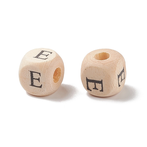 Printed Natural Wood Beads, Horizontal Hole, Cube with Initial Letter, PapayaWhip