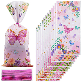 100pcs sacs d'emballage de bonbons en cellophane opp imprimés papillon, rectangle, avec 100pcs attaches torsadées en fil d'or