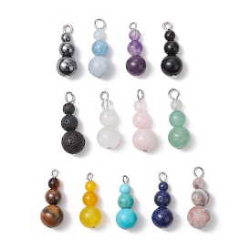 13Pcs 13 Styles Mixed Gemstone Round Beaded Pendants, Gourd Charms with Platinum Tone Iron Loops, Mixed Dyed and Undyed