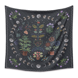 Floral Plants Moon Phase Tapestry, Polyester Bohemian Mandala Decorative Wall Tapestry, for Psychedelic Bedroom Living Room Decoration, Rectangle