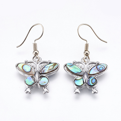 Abalone Shell/Paua Shell Dangle Earrings, with Brass Findings, Butterfly