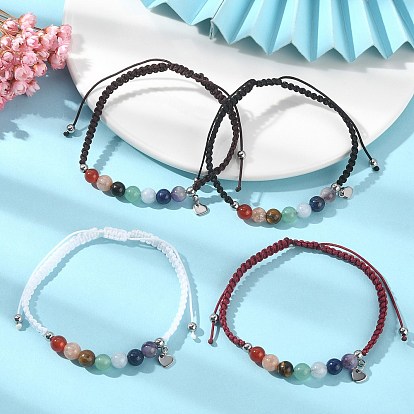 Stainless Steel Heart Charm Bracelet, Natural Mixed Gemstones Braided Adjustable Bracelet