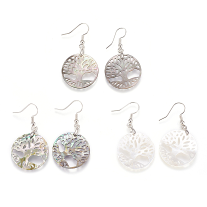 Shell Dangle Earrings, with Brass Findings, Flat Round with Tree
