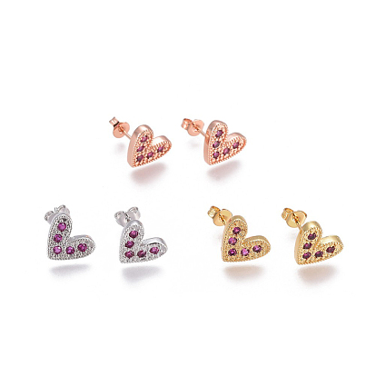 Brass Micro Pave Cubic Zirconia Stud Earrings, with Brass Ear Nuts, Heart