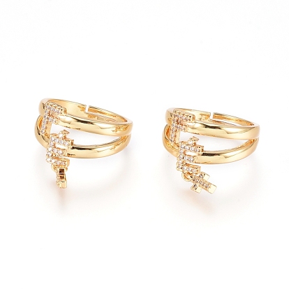 Adjustable Brass Finger Rings, with Micro Pave Clear Cubic Zirconia, Long-Lasting Plated, with Word and Cross
