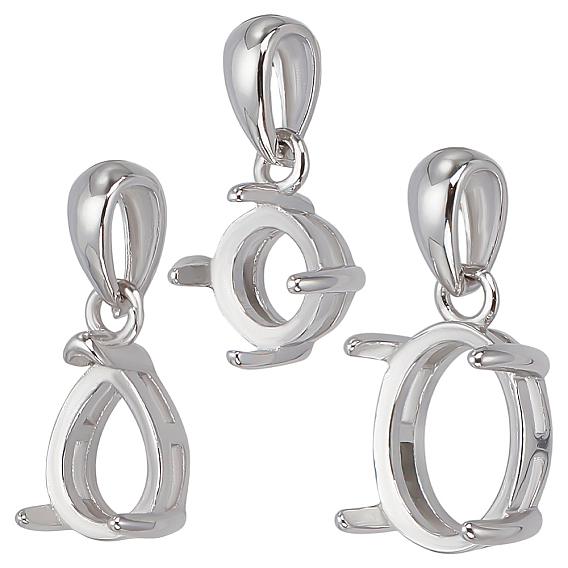 3Pcs 3 Styles Rhodium Plated Rack Plating 925 Sterling Silver Pendants Cabochon Settings, 4-Prong Bezel Settings