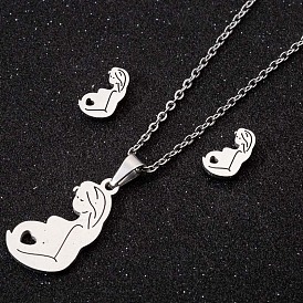 Stainless Steel Mother and Unborn Baby Shape Necklace Pendant Set for Mom Jewelry