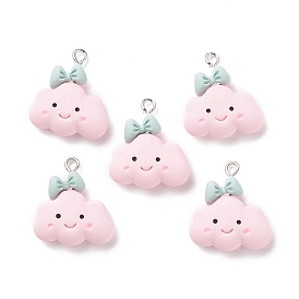 Opaque Resin Pendants, with Platinum Tone Iron Loops, Smiling Cloud with Bowknot