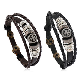 Ethnic Punk Retro Cross Leather Bracelet with Multiple Layers - Western Style Jewelry