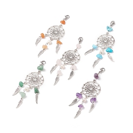 Natural Gemstone Chip Pendant Decoration, Alloy Woven Net/Web with Wing Hanging Ornament, with Natural Cultured Freshwater Pearl, 304 Stainless Steel Lobster Claw Clasps